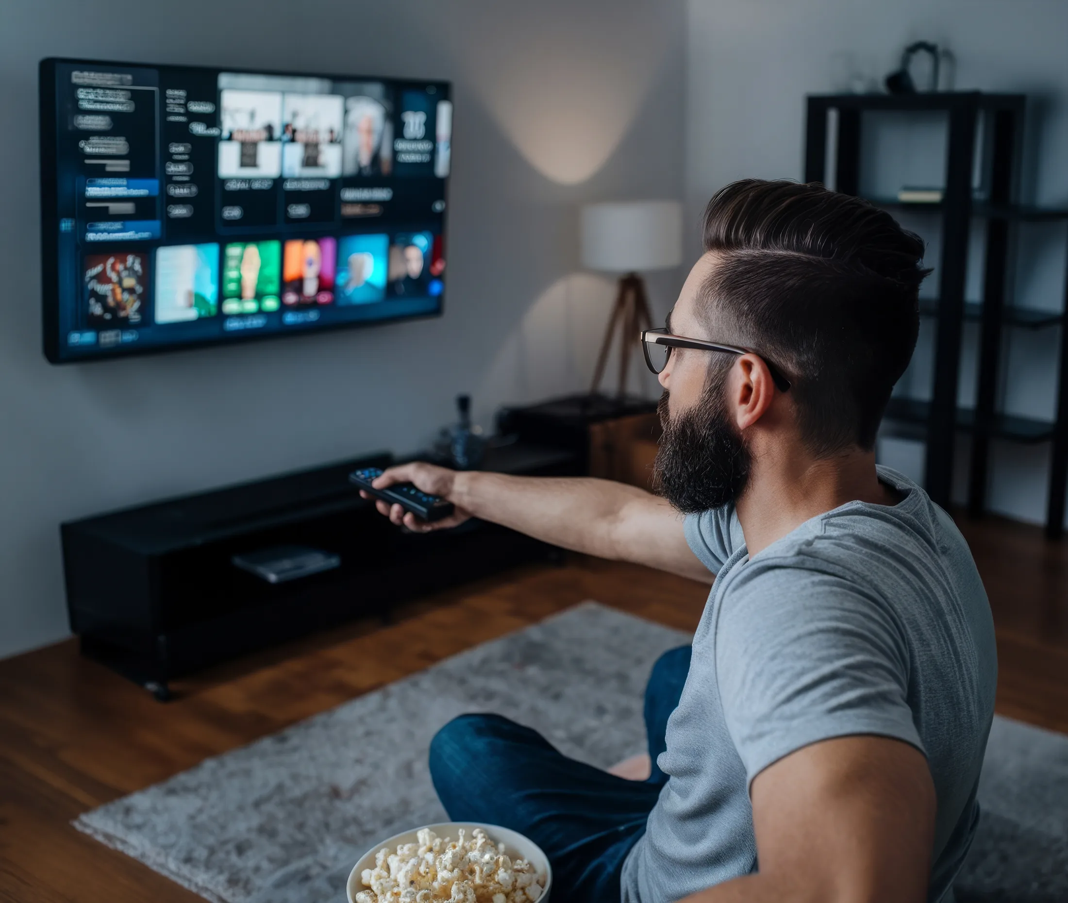 Streaming en casa: Hombre con palomitas navegando el menú de su Smart TV con internet de alta velocidad.