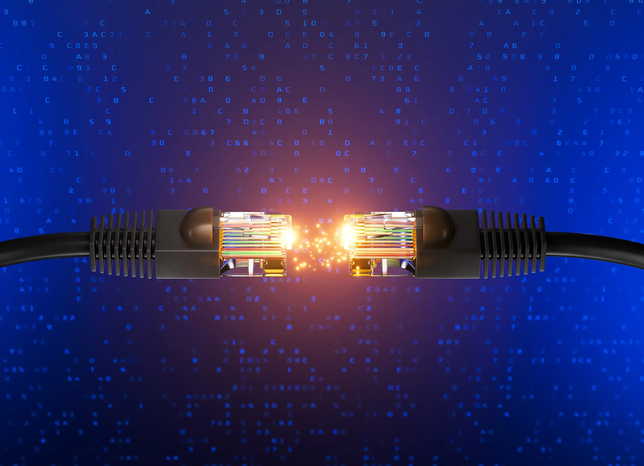 Internet de alta velocidad: Dos cables ethernet transmitiendo data con luz brillante sobre fondo azul.