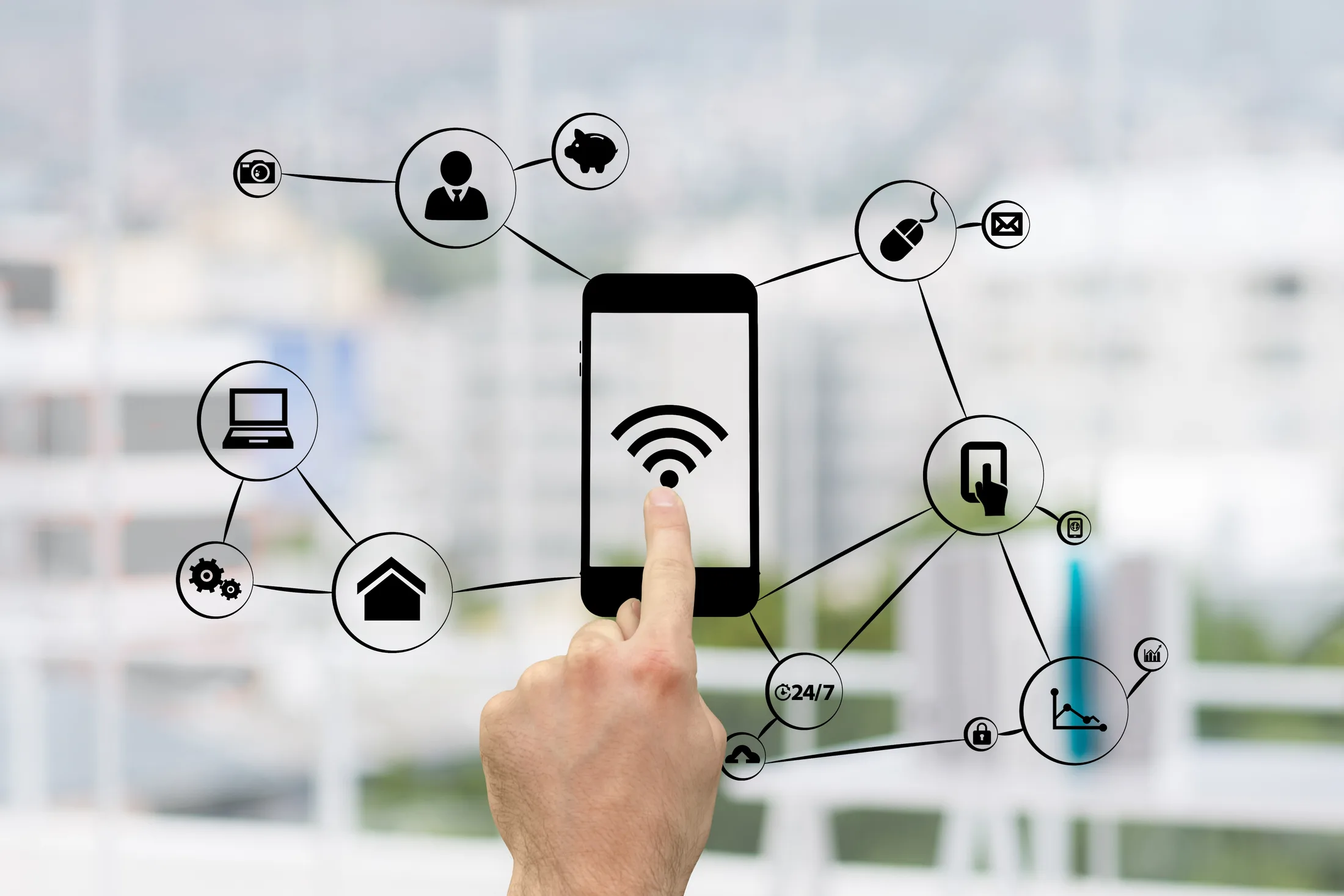 Conectividad total: Smartphone controlando múltiples dispositivos y servicios online a través de Wi-Fi.