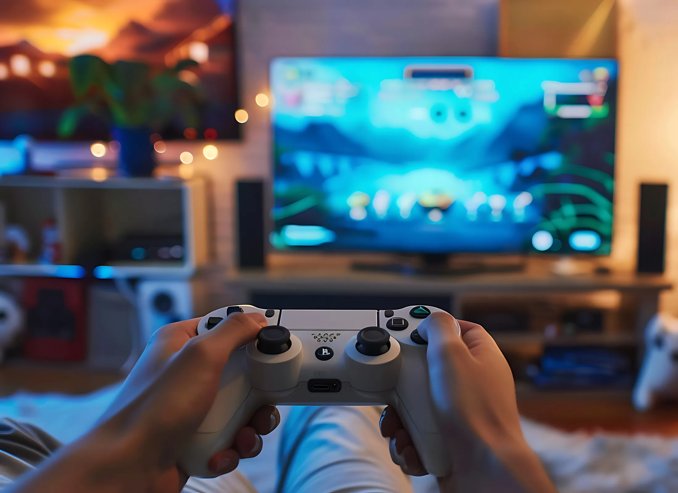 Gaming sin lag: Manos sosteniendo un control para jugar online en un Smart TV con internet de baja latencia.
