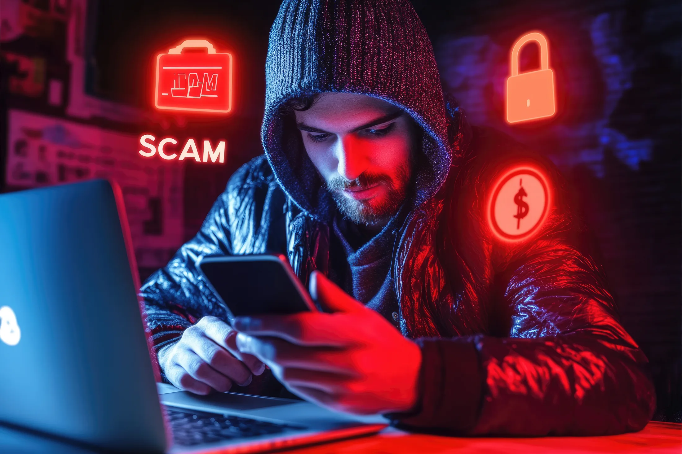 Hacker realizando un online scam usando smartphone y laptop.