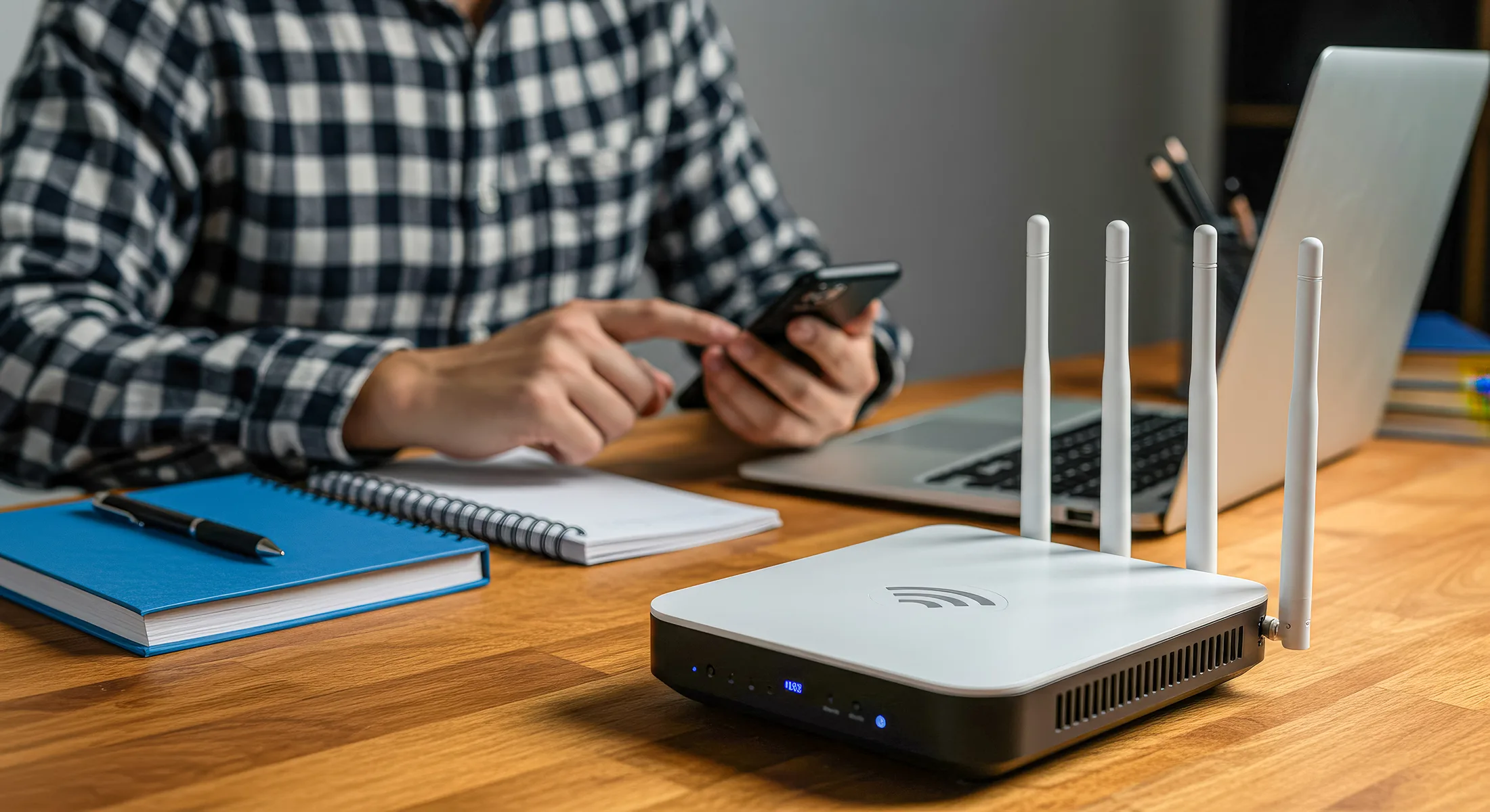 Home office setup: Potente router Wi-Fi sobre un escritorio brindando conexión estable para trabajar online.